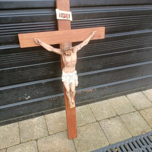 Large French Oak Cross Crucifix. 26 ins tall x 13 ins wide. Jesus is pottery or terracotta .