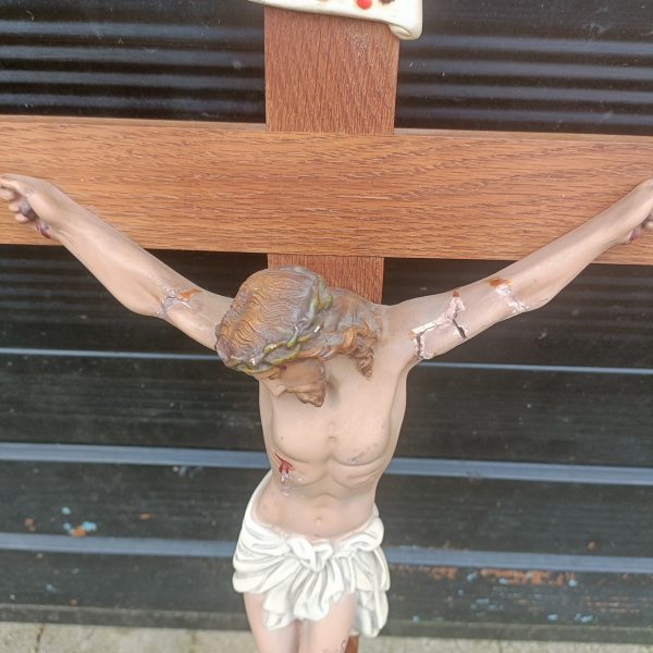 Large French Oak Cross Crucifix. 26 ins tall x 13 ins wide. Jesus is pottery or terracotta . - Image 2
