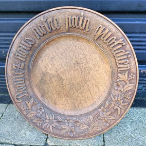 Antique French Holy Communion Oak Plate. C 1885. Give Us this Day Our Daily Bread.