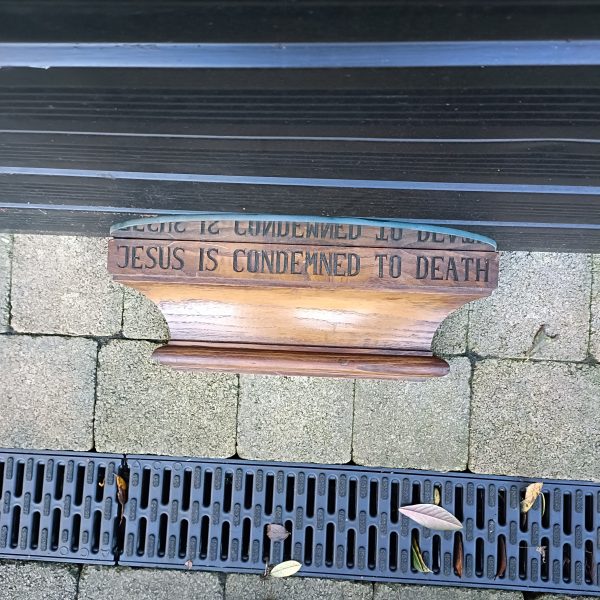 Oak First Station of the Cross Wall Plinthe with Glass Shelf. Jesus is Condemned to Death. - Image 6