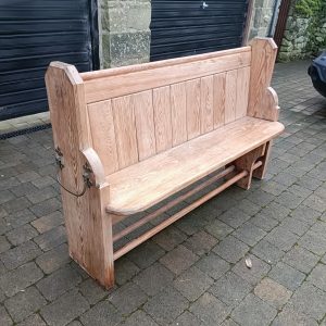 Pitch Pine Church Pew. C 1880. Original Brass Unbrella Handles.