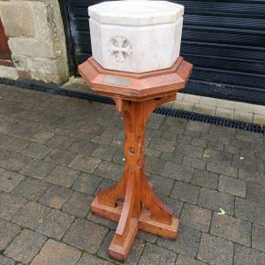 Church Pine and Carved Marble Font.
