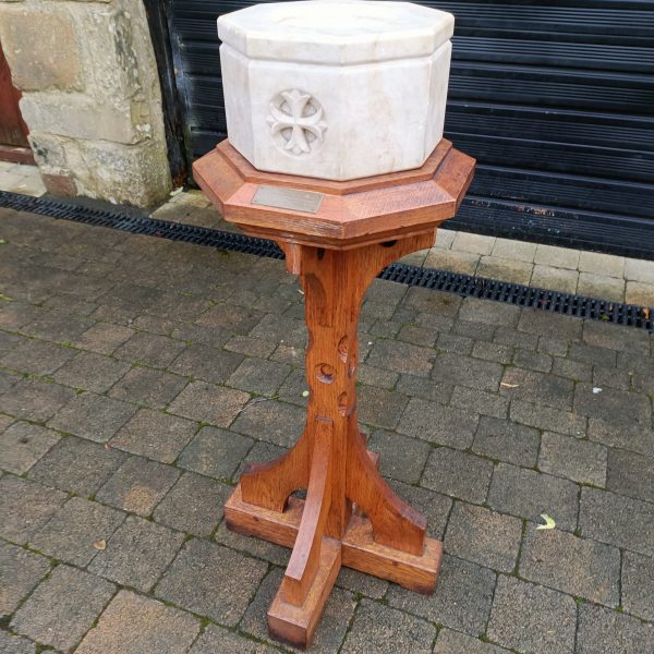 Church Pine and Carved Marble Font.