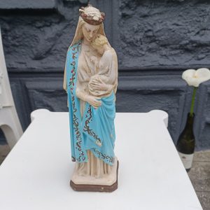 Hand Painted French Statue of Madonna and Child. 11.5 ins tall. Solid. A few nibbles.