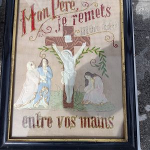 French Religeous Crucificion Hand Sewn Tapestry. C1900