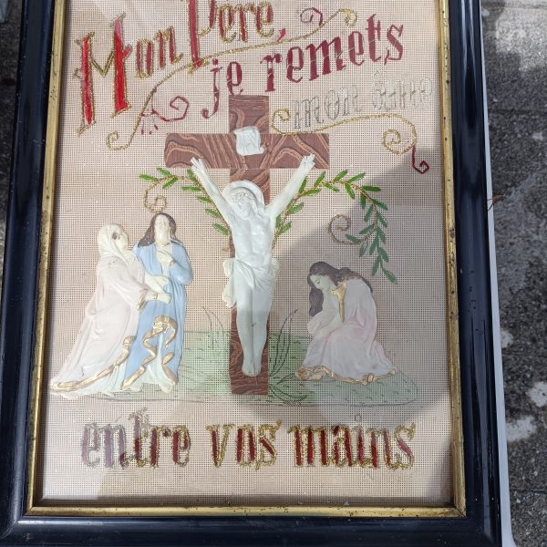 French Religeous Crucificion Hand Sewn Tapestry. C1900