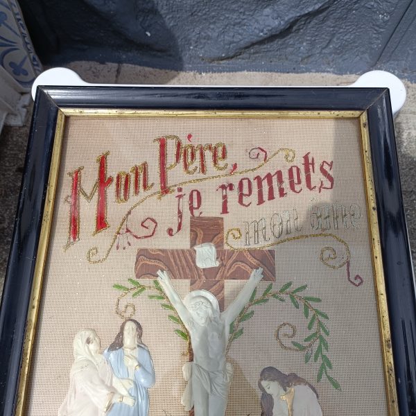 French Religeous Crucificion Hand Sewn Tapestry. C1900 - Image 2