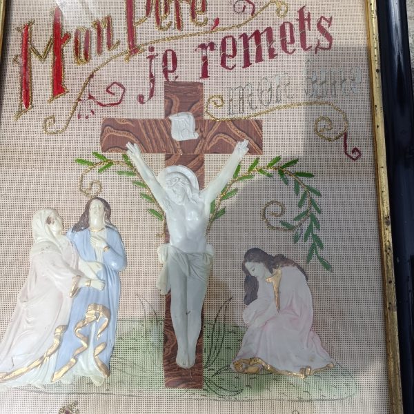 French Religeous Crucificion Hand Sewn Tapestry. C1900 - Image 3