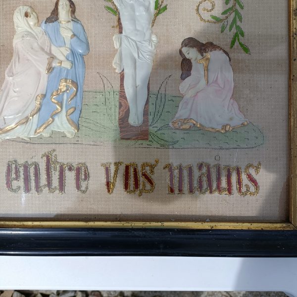 French Religeous Crucificion Hand Sewn Tapestry. C1900 - Image 4