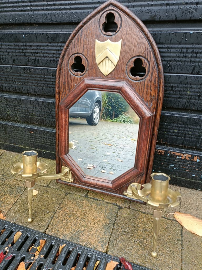 Oak Church Mirror with heavy church brass Sconces