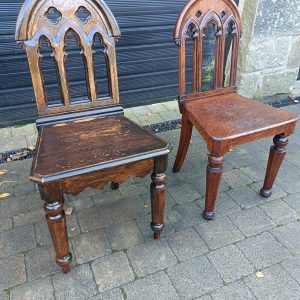 Late Victorian Gothic Revival Associated Church hall chairs Similar but not an exact pair.