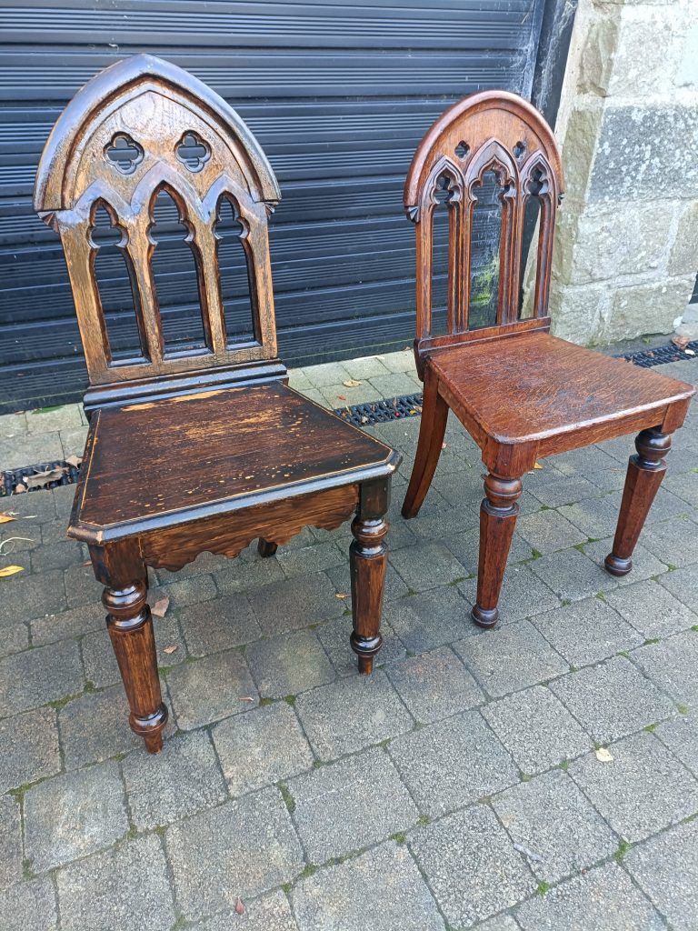 Late Victorian Gothic Revival Associated Church hall chairs Similar but not an exact pair.