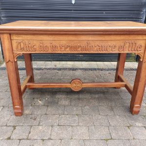 C1890 Church Communion Table. Believe Oak. Solid. Heavy. Measurements are 4 ft long x 2 ft deep x 32 ins. 24 ins under the table