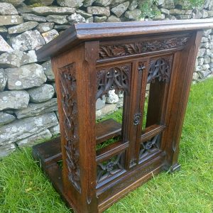 Gothic Oak Church Prayer Kneeler. Carved. From a church in Derby. Mesurements are 68cm wide x 81 cm tall x 62 cm deep