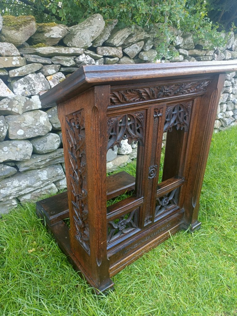 Gothic Oak Church Prayer Kneeler. Carved. From a church in Derby. Mesurements are 68cm wide x 81 cm tall x 62 cm deep