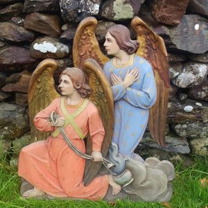 Large Catholic Church Wooden Plaque featuring Jesus,Mary and Angel. Gothic. Rare. Measurements are 29 ins tall x 25 ins wide.