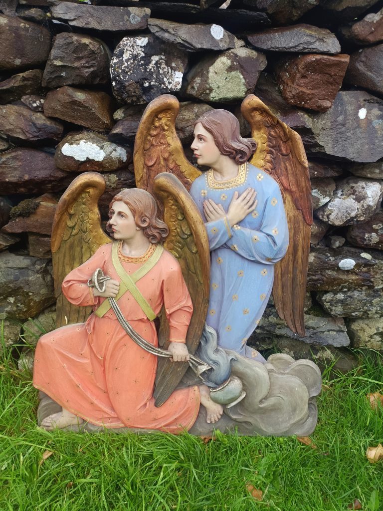 Large Catholic Church Wooden Plaque featuring Jesus,Mary and Angel. Gothic. Rare. Measurements are 29 ins tall x 25 ins wide.
