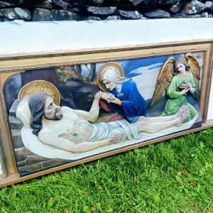 Large Catholic Wooden Church Plaque of Jesis,Mary and Angel. Beautifully painted. Measurements are 67 ins wide x 31 ins tall.. From the Hospitaller Order of St John of God, Scorton.