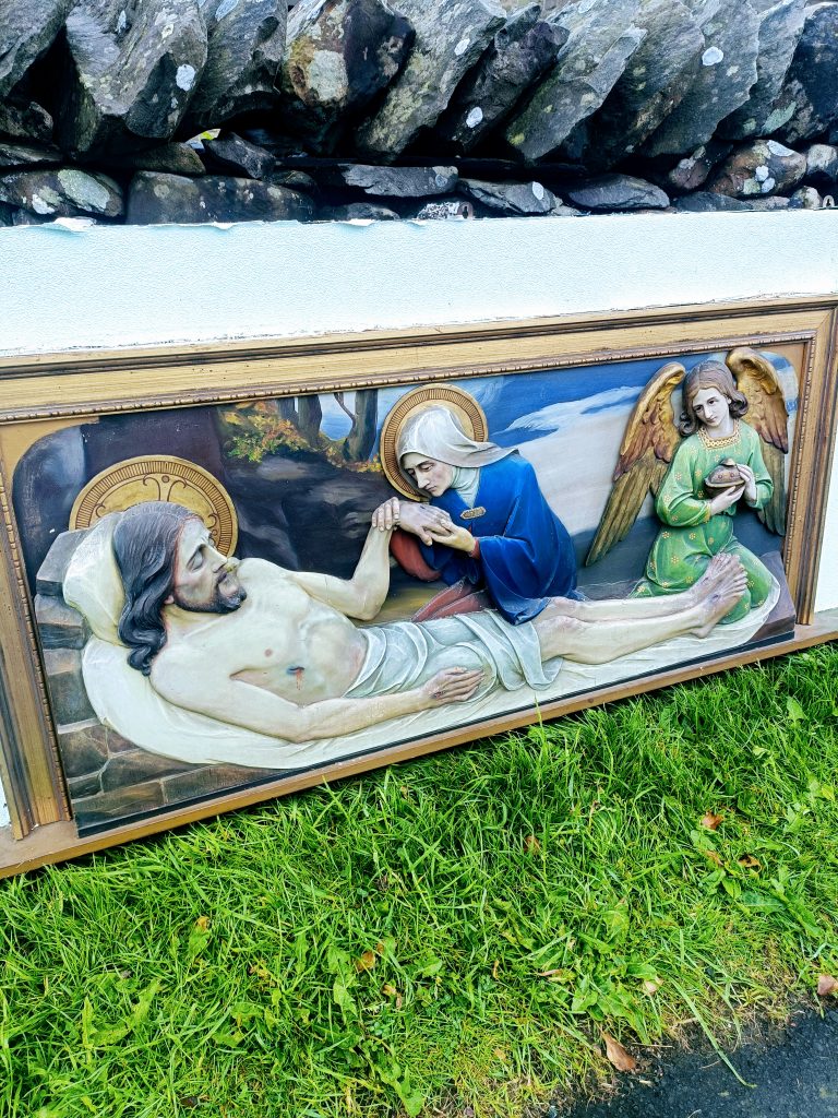 Large Catholic Wooden Church Plaque of Jesis,Mary and Angel. Beautifully painted. Measurements are 67 ins wide x 31 ins tall.. From the Hospitaller Order of St John of God, Scorton.