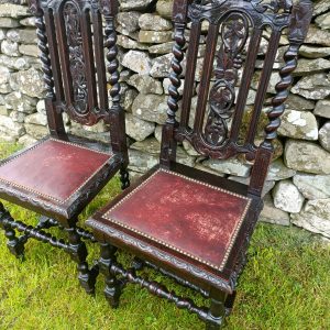 A Pair of Gothic Oak Carlolian Style Hall Chairs . Victorian.