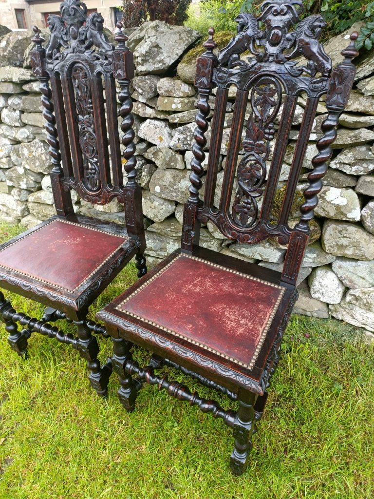 A Pair of Gothic Oak Carlolian Style Hall Chairs . Victorian.